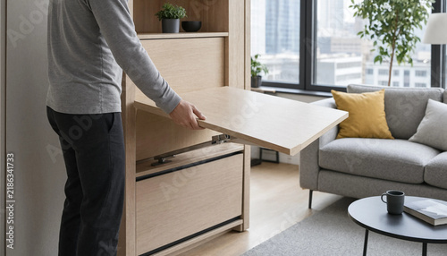 Man lowering a wooden wall-mounted table in a contemporary apartment living room with folding table space saving convertible furniture modern apartment home interior minimalist design