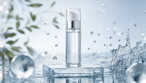 Pump cosmetic bottle with skincare serum standing on glass pedestal with surrounding water splashes skincare product beauty product skin hydration clear liquid spa treatment beauty care