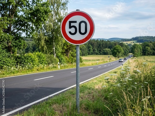 Roadside Speed Limit Sign 50 Affecting Driving Scenery