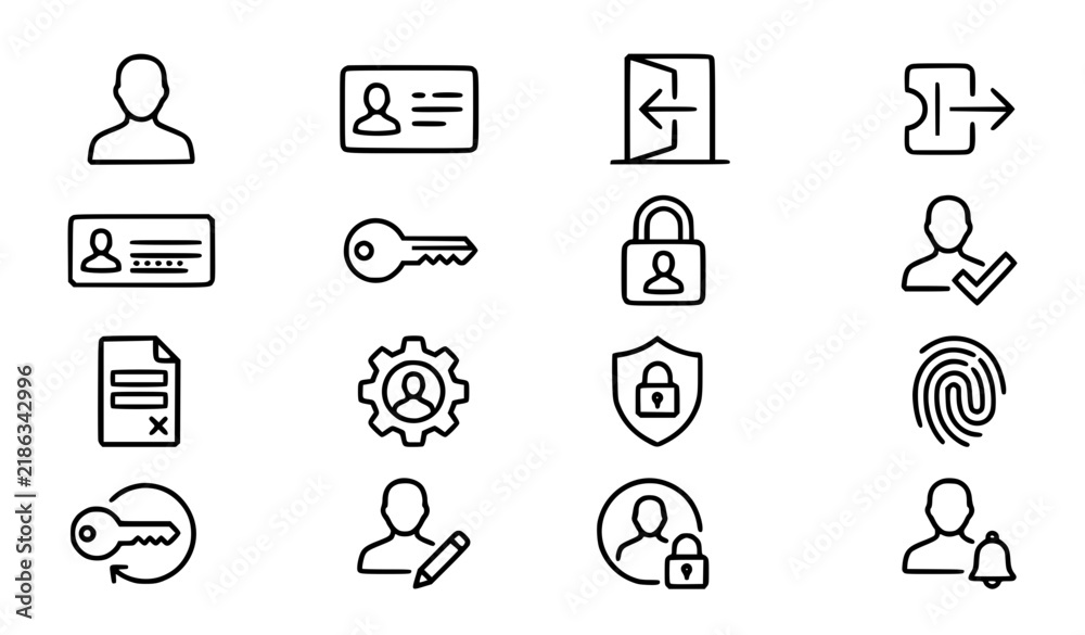 Fototapeta premium Account and User Authentication Outline Icon Set for Profile Login and Security