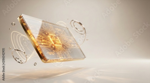 Golden computer processor chip floating with abstract circular light lines