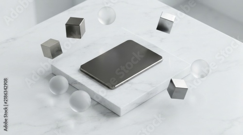 Modern smartphone screen with floating metal cubes and glass spheres
