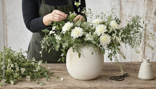 Professional florist arranging white flowers in a ceramic vase on a rustic wooden table with flower arrangement floral design flower shop handmade bouquet botanical decor spring flowers