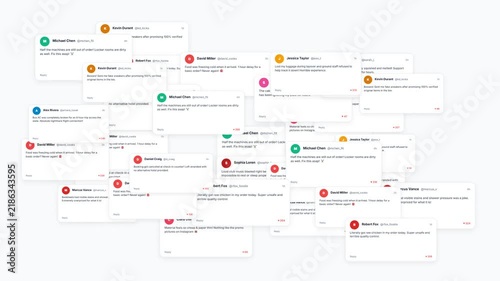 Negative customer feedback comments popup. Modern social media platform. Public relations crisis management. Bad online user reviews multiplier.Comment card interface. Customer experience grid. 4K