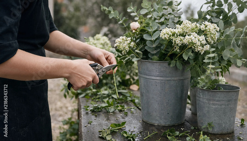 Gardener pruning decorative plant in metallic bucket with plant care floral arrangement gardening tools metal bucket flower care trimming leaves plant maintenance gardener hands