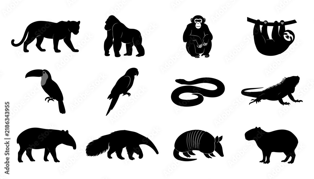 Fototapeta premium Animal Silhouettes Set, Featuring Diverse Wildlife Icons Featuring Silhouette