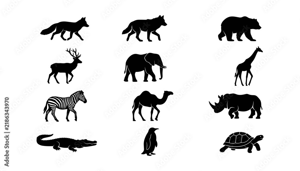 Obraz premium Animal Silhouettes Set, Featuring Diverse Wildlife Icons Featuring Vector