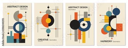 Abstract geometric minimalist poster templates set. Vector colorful covers with modern constructivism elements, mid-century retro vintage aesthetic for contemporary wall decor.