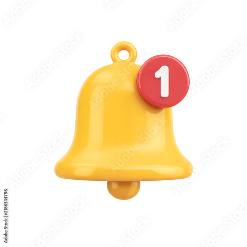 3D yellow bell, red notification badge, alert reminder icon, digital social media, message notice symbol, isolated transparent background