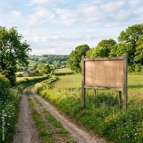 Rustic Countryside Road With Blank Wooden Sign Awaiting Your Message