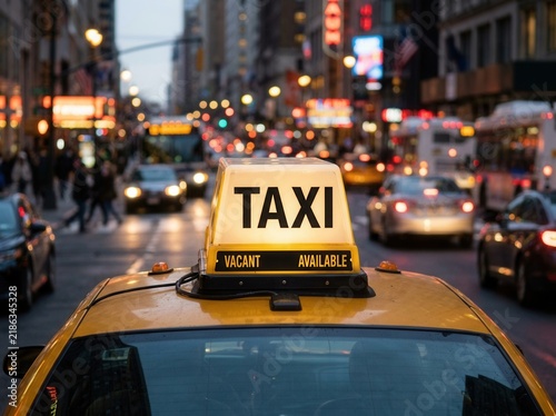 Iconic Yellow Taxi Sign Illuminating Busy City Street at Dusk