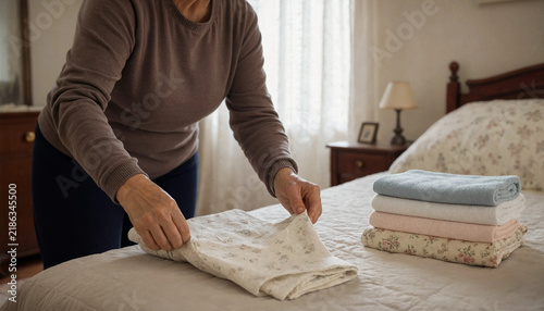 Woman folding clean linen and bedding on a bed with stacked textiles folding laundry linen storage bed sheets tidying up daily routine folded linens domestic life neat piles home care