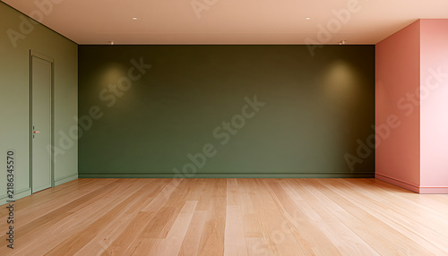 Minimalist Interior with Green Walls, Light Oak Wood Floor and Large Window