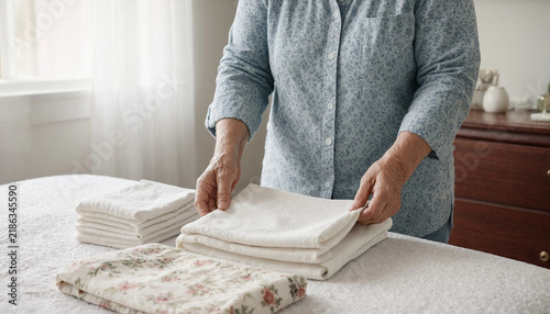Person folding clean white fabric and linens on a bed in a home interior with folding laundry linen storage bedding organization tidying up daily routine bedroom interior domestic life