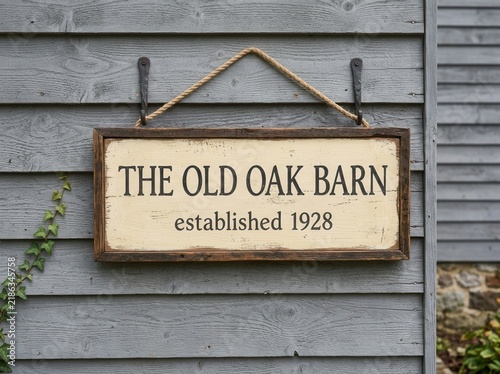 Rustic Old Oak Barn Sign Established 1928 Hanging On Weathered Wooden Wall
