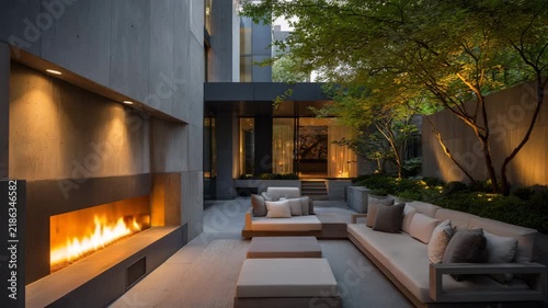 Modern outdoor patio with a built in fireplace glowing warmly minimalist seating neutral textures soft evening lighting clean architectural lines blurred background refined atmosphere