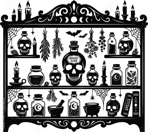 Black and White Halloween-Themed Apothecary Shelves with Skulls, Potions, Candles, and Herbs - Spooky Vintage Illustration