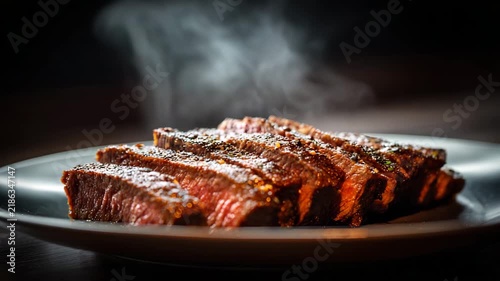 Sizzling beef flank steak sliced and arranged neatly on a modern plate visible steam glossy surface light blurred background professional food lighting sharp focus