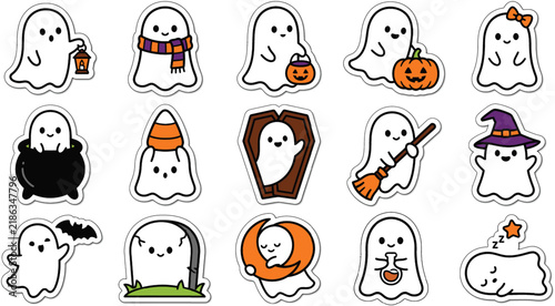 A delightful collection of charming ghost characters celebrating the spooky season of halloween with various costumes and accessories creating a festive atmosphere