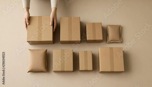 Person arranging various cardboard delivery boxes and shipping envelopes on a light surface with cardboard box shipping package parcel delivery logistics service online shopping e commerce
