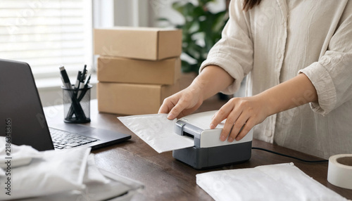 Business person printing shipping labels for online orders at a home office station with shipping label printer parcel shipping e commerce shipping small business order fulfillment