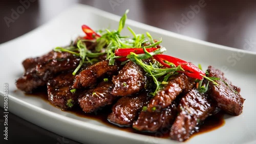 Sizzling beef strips coated in sauce arranged neatly on a white modern plate steam effect clean background focused lighting