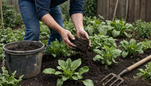 Person working in a garden bed adding rich composted soil to young leafy green vegetables with vegetable garden organic farming fertile soil home gardening vegetable patch soil health