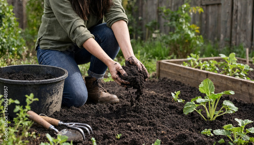 Person crouching in a backyard garden preparing soil for planting in a vegetable bed with soil preparation organic farming fertile soil home gardening growing vegetables spring gardening