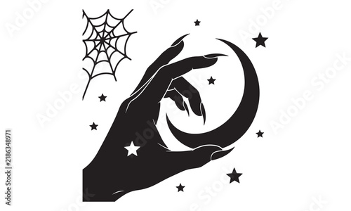 Witch Hand Reaching For Crescent Moon With Stars And Spiderweb Vector Silhouette.