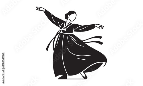 Woman In Traditional Hanbok Dress Dancing Vector Line Art Illustration Icon. 