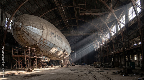 Quadro su tela Vintage airship hma titan inside massive industrial hangar facility