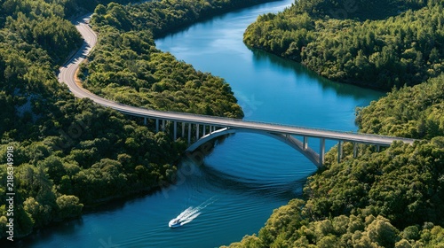 Aerial view of a modern bridge over a blue river surrounded by lush green forest
