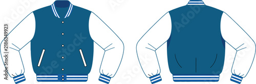 Varsity, a vector illustration showing front and back views of a blue and white letterman jacket with striped ribbing.