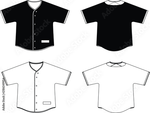 Baseball, a collection of front and back views of blank sports jerseys and t-shirts in black and white vector outline designs.
