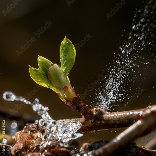 Spring bud unfurling with water droplets