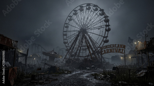Fotografía Abandoned wonderland carnival amusement park under dark moody sky
