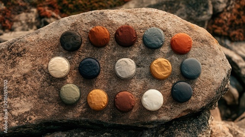 Collection of fabric swatches displayed on natural rock surface