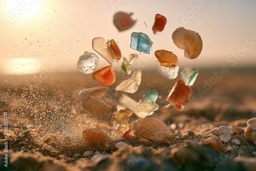 Sea glass and shells suspended in air on sandy beach at sunset