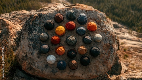 Collection of colorful fabric caps arranged on a natural stone