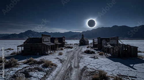 Fotografie Ghost town in desert valley during spectacular total solar eclipse night