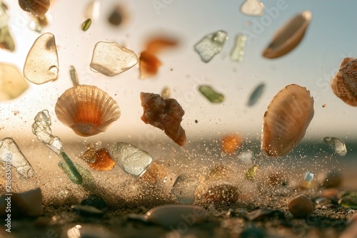 Sea shells and sea glass suspended in air with sand and sunlight