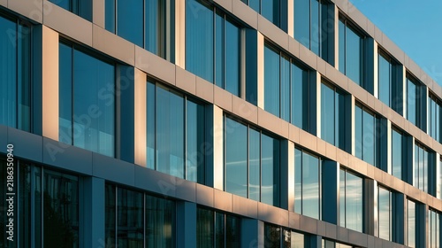 Modern building facade with blue glass windows and beige panels