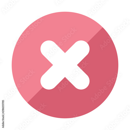 Pink circular close icon with white cross mark isolated on white background