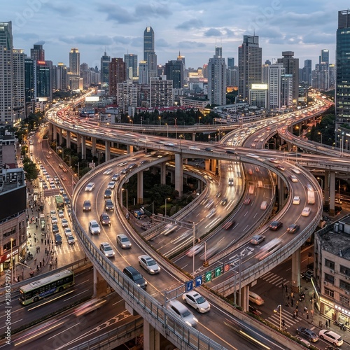 Bustling Urban Cityscape At Dusk With Busy Highway Interchange
