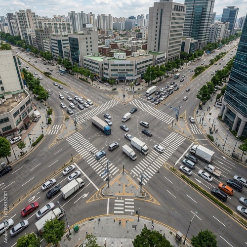 Bustling Urban Crossroads With Heavy Traffic Flow And Modern Architecture
