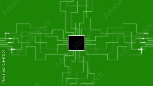 circuit board move towards the center. animation footage video isolated . circuit chip background glowing processor lines left, dark copy space on the right