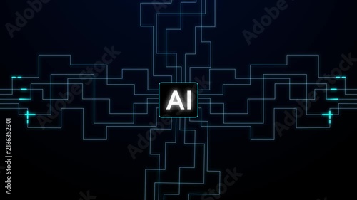 Glowing AI letters surrounded by futuristic digital circuit lines on green background. Modern tech concept symbolizing artificial intelligence, innovation, and digital