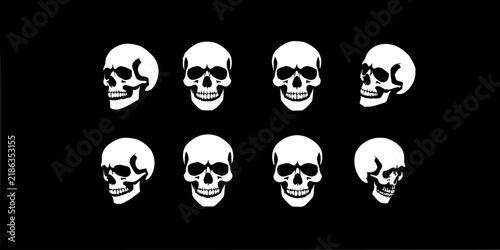 Eight skulls in different perspectives and expressions, arranged in a 4x2 grid, set against a solid black background. The skulls are depicted in a minimalist, high-contrast style with a white color...