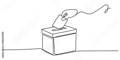 Foto Continuous line drawing of a hand casting a ballot into a voting box, symbolizing democracy and the right to vote