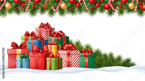 Christmas gifts illustration with festive decorations and snow